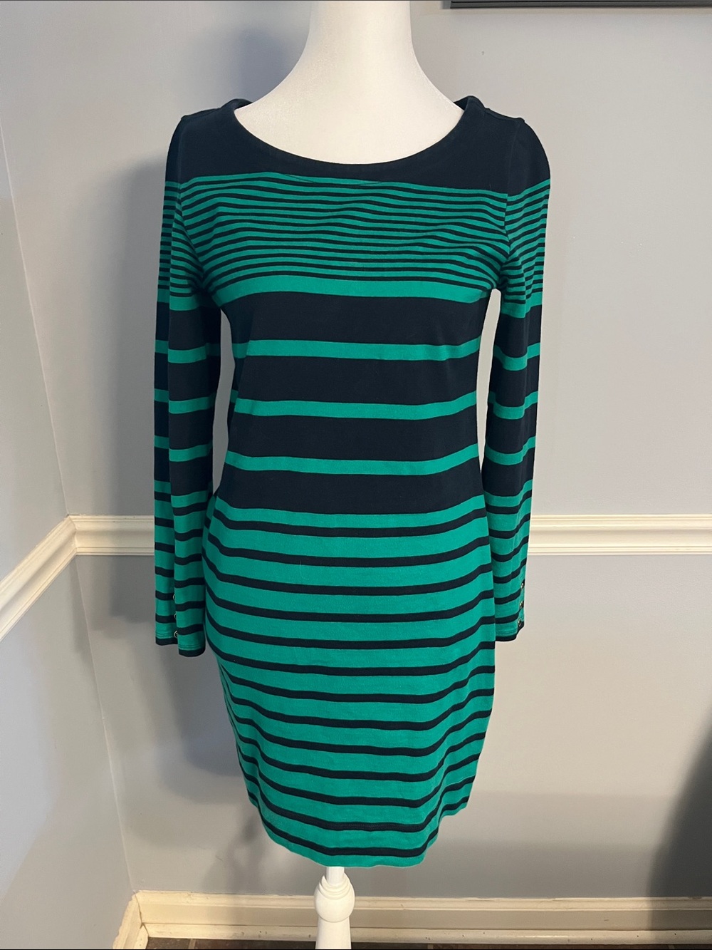 Banana Republic Green and Navy Striped Long-Sleeve Sheath Dress
